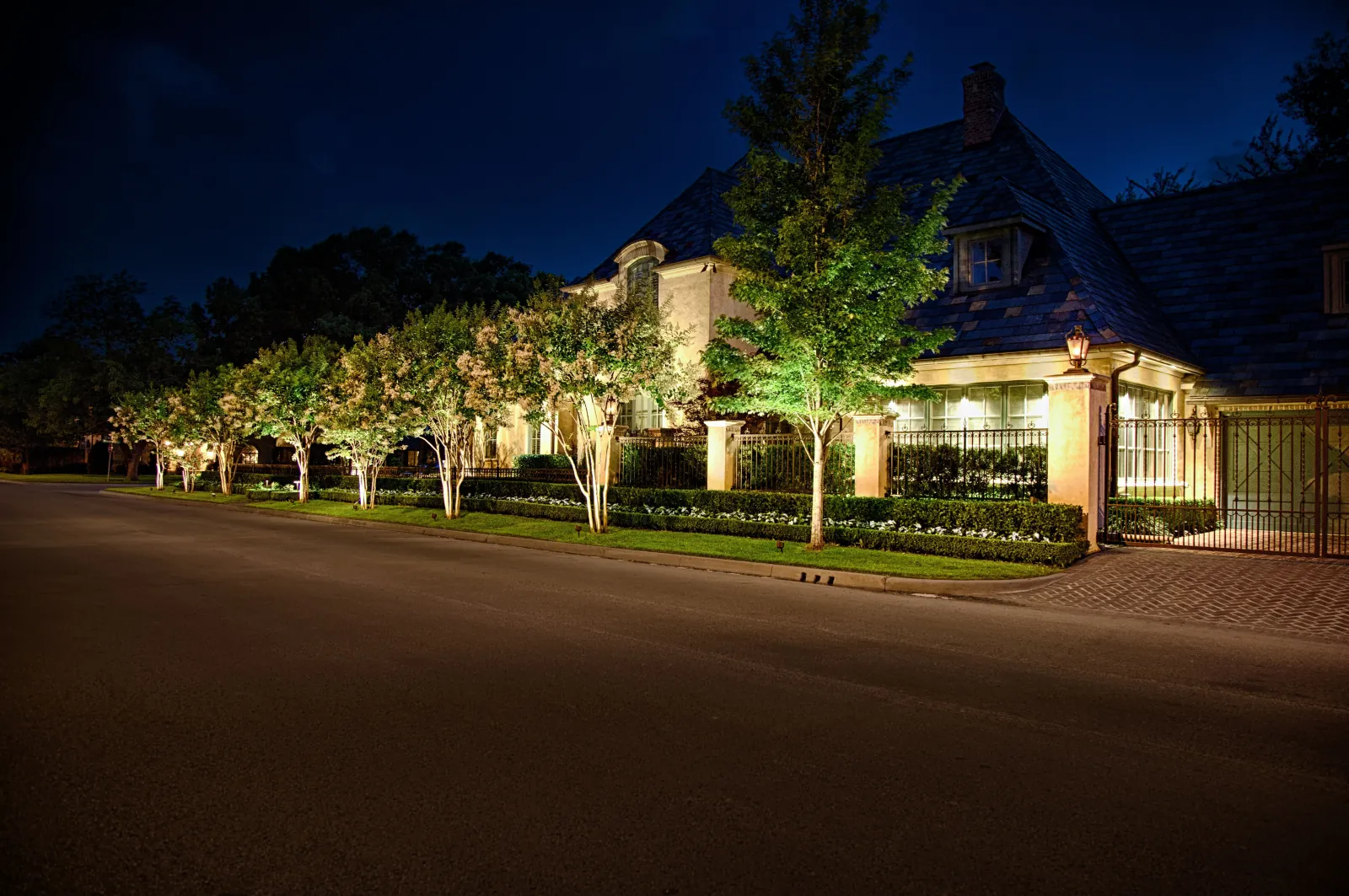 Professional landscape lighting design with uplit trees along a property line and facade and entry lighting on the home