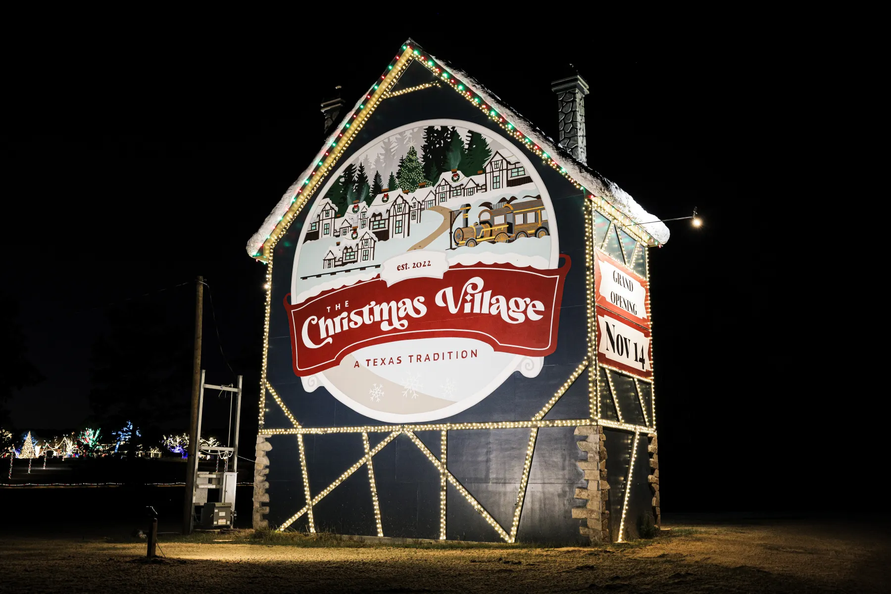 Commercial Christmas lighting on a Texas business property