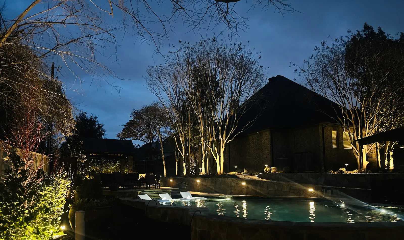 Garden and pathway landscape lighting at night