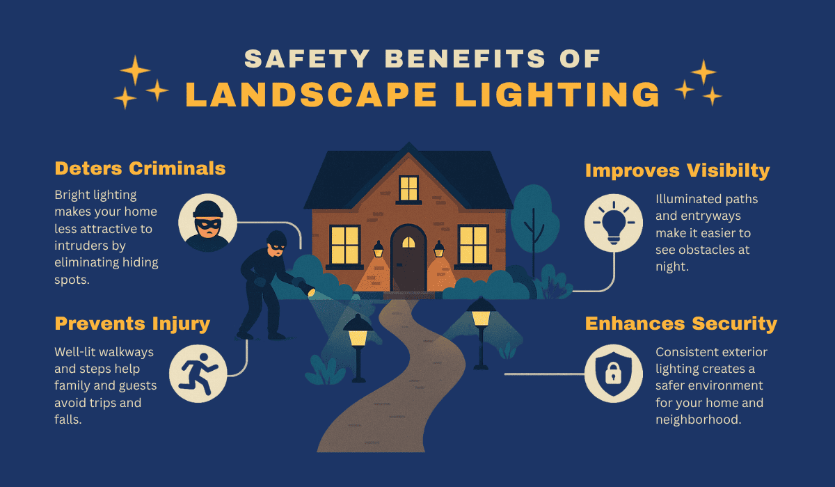 Safety benefits of landscape lighting: deters criminals, improves visibility, enhances security, and prevents injury