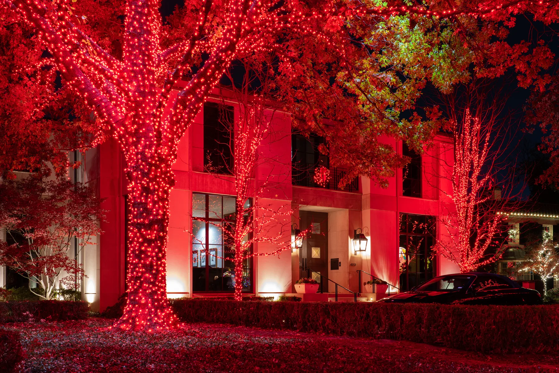 Festive outdoor Christmas lighting on a Texas home