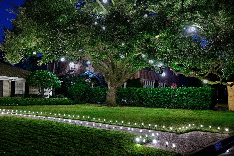 The Perfect Light Christmas lighting on a Texas front yard with globe ornaments in a large tree and a lit lawn border at night