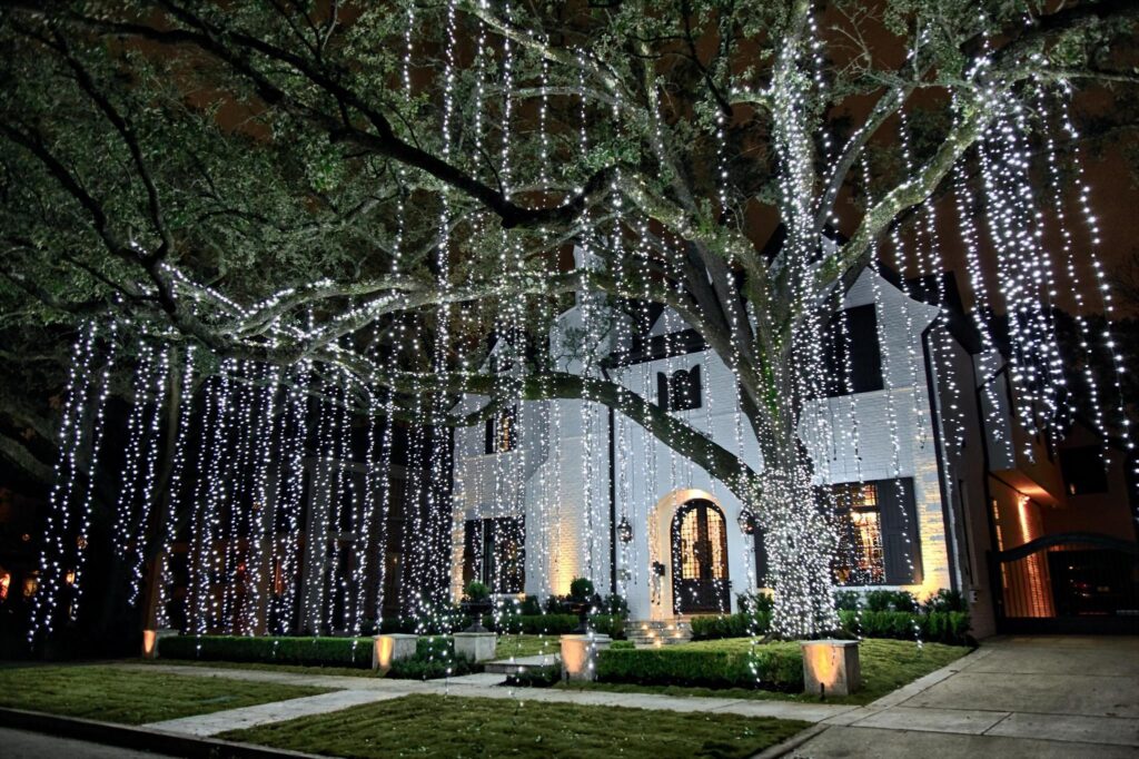 dangling lights on tree for christmas