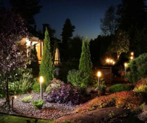 Outdoor lighting in a garden in fall